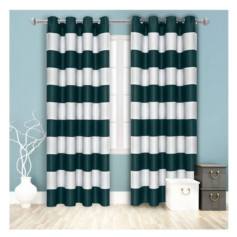 NEW Set of 2 Evergreen & Light Gray "52 x 84" Stripe Curtains
